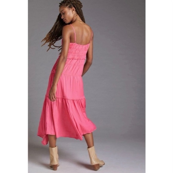 Anthropologie Ruched Tiered Midi Slip Dress Sz 16W Pink Sleeveless Asymmetrical - Picture 3 of 14